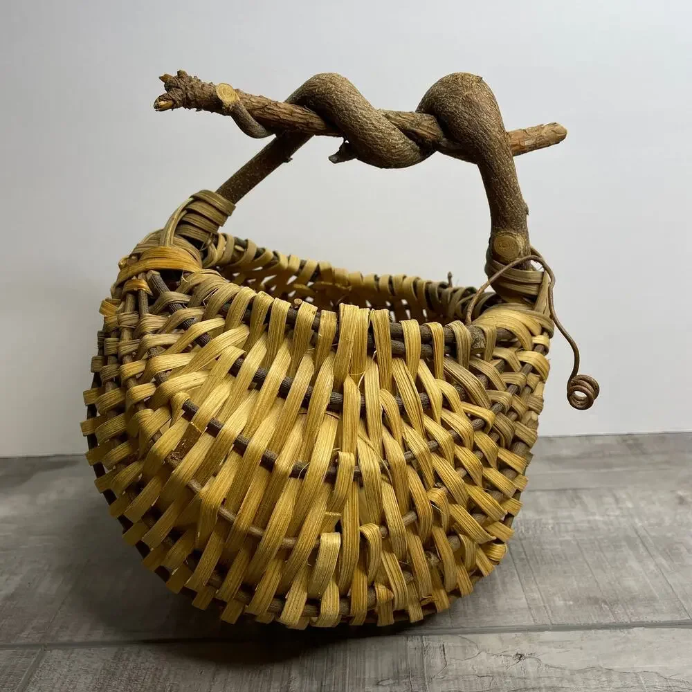 Vintage Buttocks Woven Basket Unique Natural Curly Branch Handle